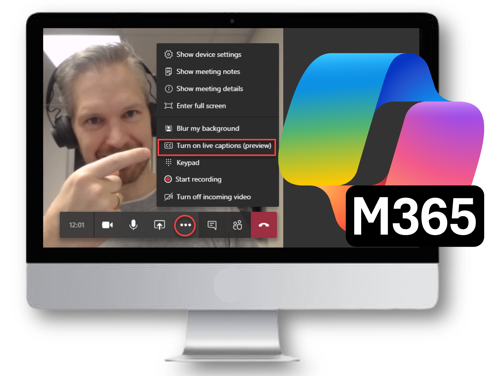 Скріншот відеодзвінка в Microsoft Teams із меню, де вибрано опцію 'Увімкнути живі субтитри (попередній перегляд)'. На зображенні чоловік у навушниках вказує на це меню. Праворуч — логотип Microsoft 365.