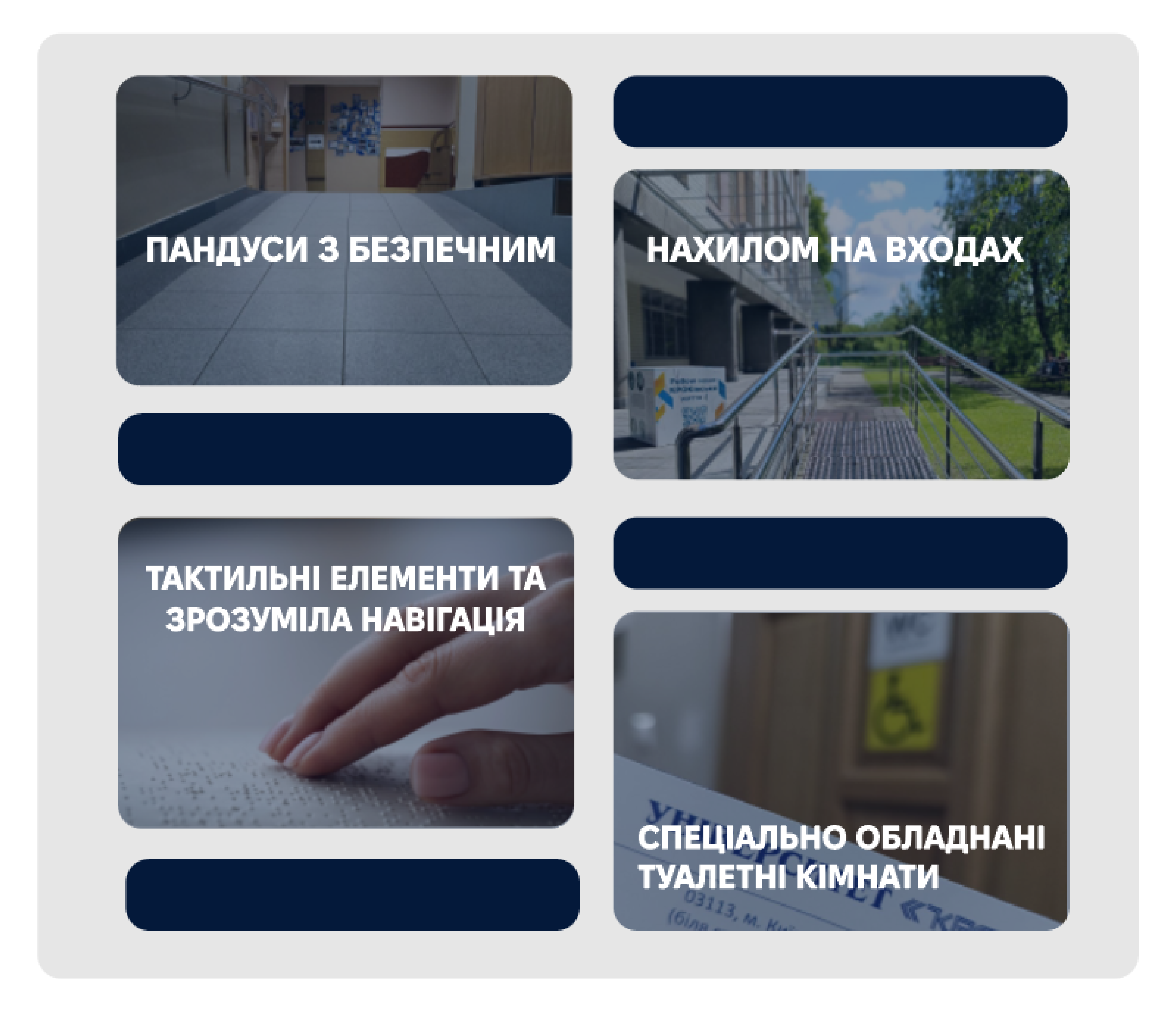 Пандуси з безпечним нахилом на входах; Тактильні елементи та зрозуміла навігація; спеціально обладнані туалетні кімнати.